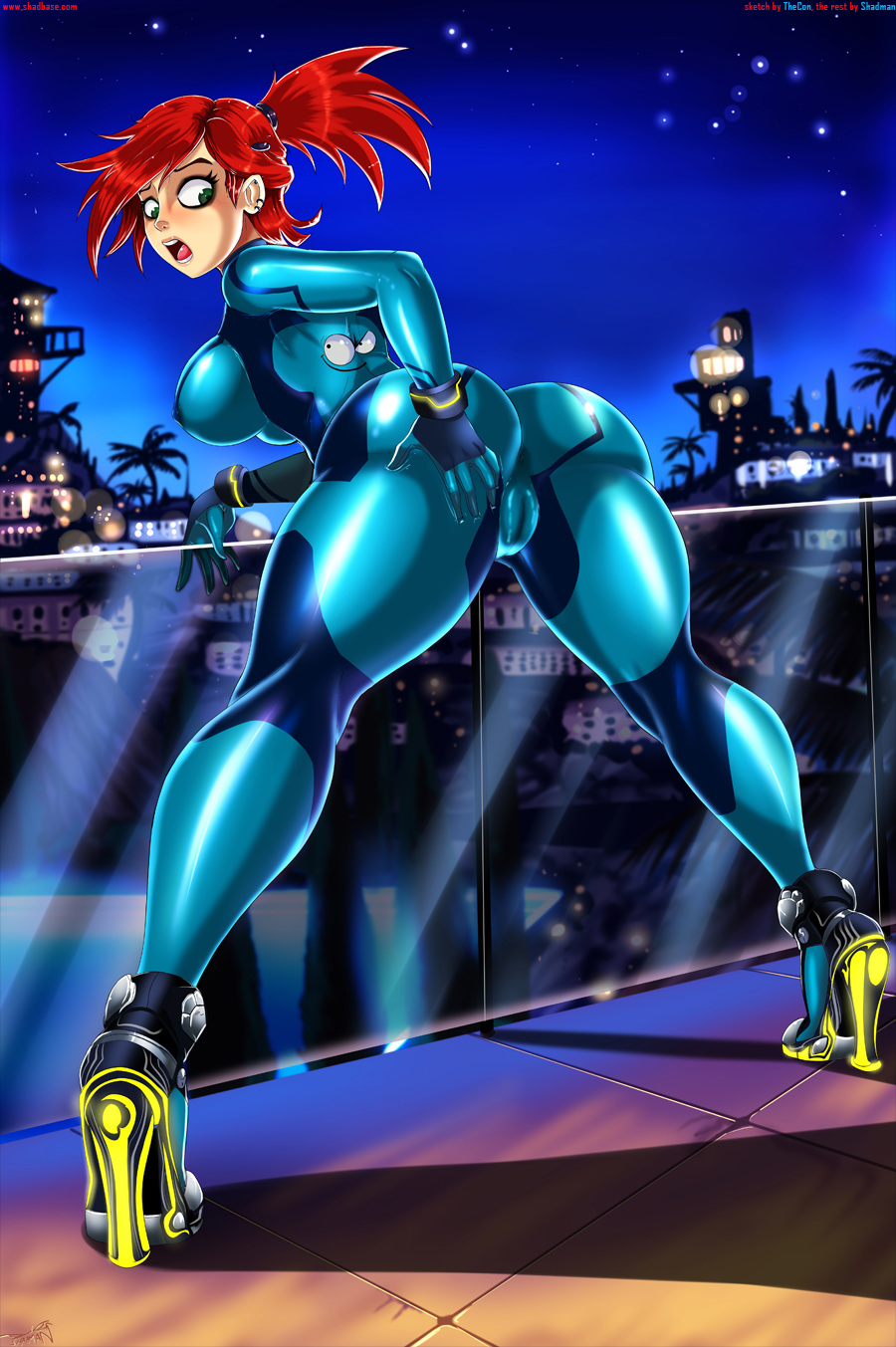 ass bent_over big_ass big_breasts bloo bodysuit breasts cosplay foster's_home_for_imaginary_friends frankie_foster looking_back metroid nintendo red_hair shadman zero_suit