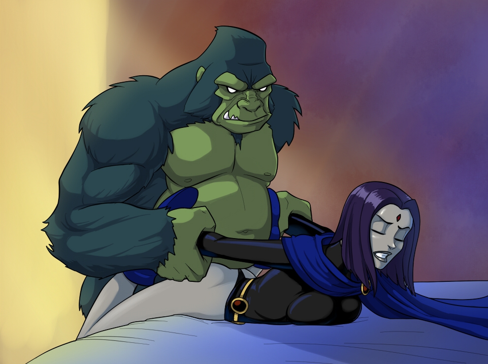 1boy 1girl ambiguous_penetration ass beast_boy bent_over big_breasts breast_press breasts closed_eyes clothed clothed_sex clothing dc dc_comics female flick_(artist) from_behind gorilla leotard leotard_aside male male/female on_stomach raven_(dc) sex teen_titans