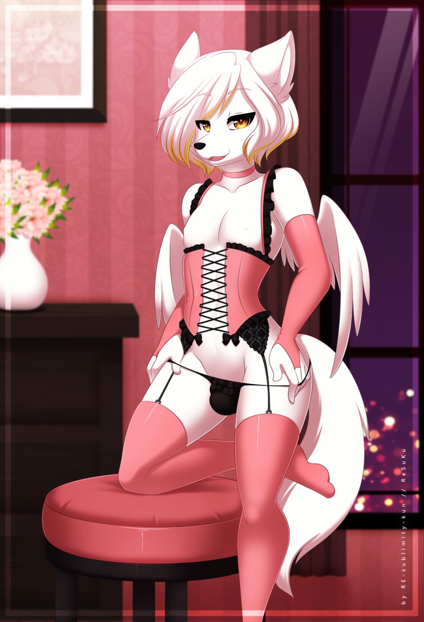 1boy 2016 amber_eyes anthro blonde_hair bulge canine celeste_falore clothed clothing corset crossdressing digital_media_(artwork) flower fur furry garter_straps girly hair inside legwear lingerie male male_only mammal multicolored_hair open_mouth panties plant re-sublimity-kun solo standing stockings two_tone_hair underwear vase white_fur white_hair window wings wolf yaoi