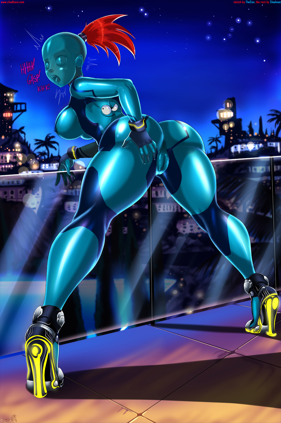 ass bent_over big_ass big_breasts bloo bodysuit breasts cosplay foster's_home_for_imaginary_friends frankie_foster looking_back metroid nintendo shadman zero_suit
