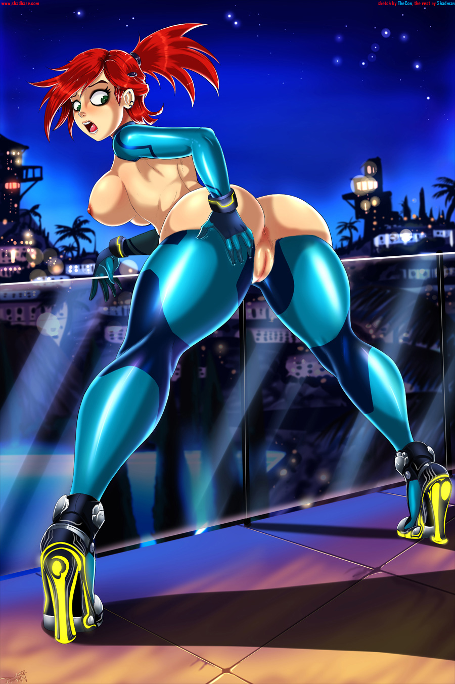anus ass bent_over big_ass big_breasts bodysuit breasts brown_eyes cosplay deathsinner77 edit erect_nipples foster's_home_for_imaginary_friends frankie_foster high_heels looking_back metroid nintendo nipples pussy red_hair shadman surprised zero_suit