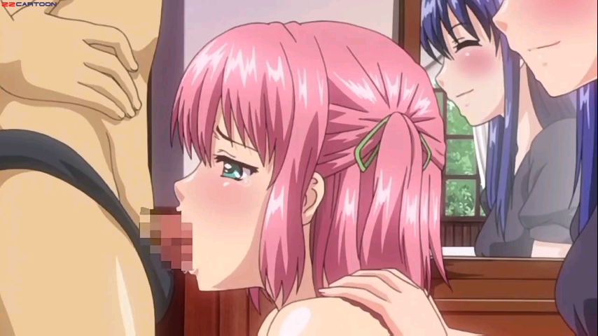 1boy 2_girls 2girls anime bow censored deepthroat fellatio hair happy hentai mizugi_kanojo nude oral penis pink_hair ribbon smile twin_tails zzcartoon