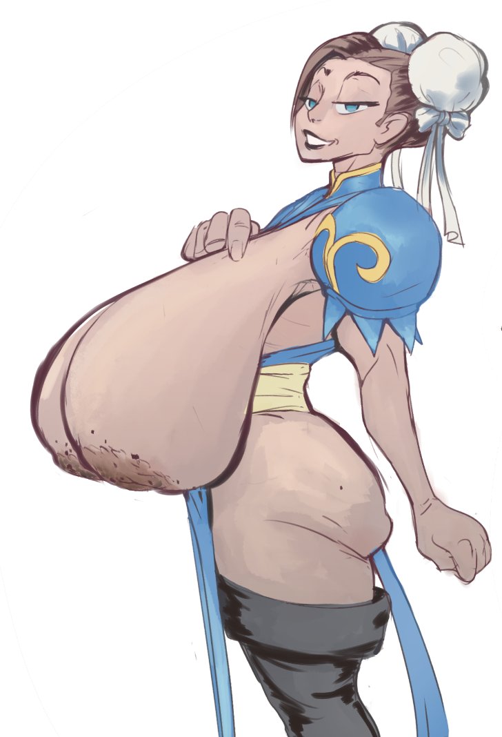 asian asian_female breast_expansion brown_hair chun-li gigantic_breasts modaw naughty_face smirk street_fighter