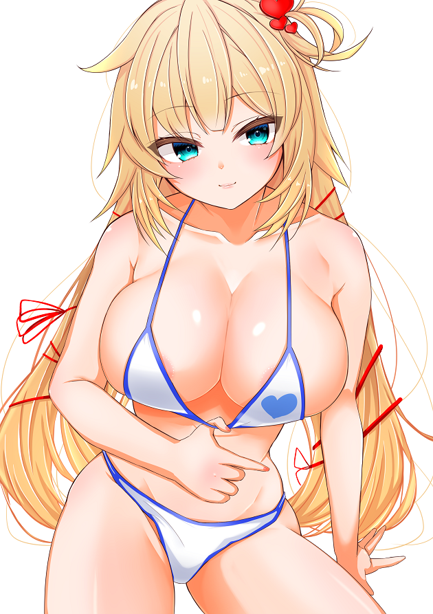1girl 1girl akai_haato aqua_eyes areola bangs bare_arms bare_shoulders big_breasts bikini blonde blue_bikini blue_eyes blush breasts clavicle cleavage closed_mouth eyebrows_visible_through_hair hair_ornament hair_ribbon heart heart_hair_ornament heart_print hololive kokechan long_hair looking_at_viewer one_side_up red_ribbon ribbon side-tie_bikini simple_background sitting smile swimsuit very_long_hair virtual_youtuber white_background white_bikini white_swimsuit