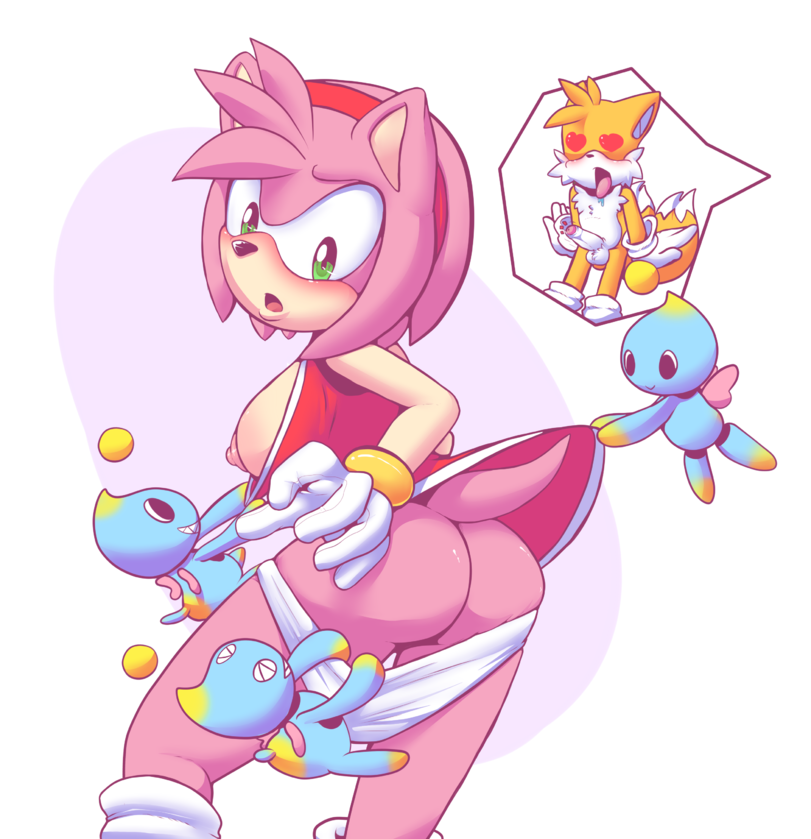 amy_rose ass breasts chao green_eyes heart heart_eyes miles_"tails"_prower multiple_tails nipples panties panty_pull penis pink_fur sega single_breast sonic_(series) tail