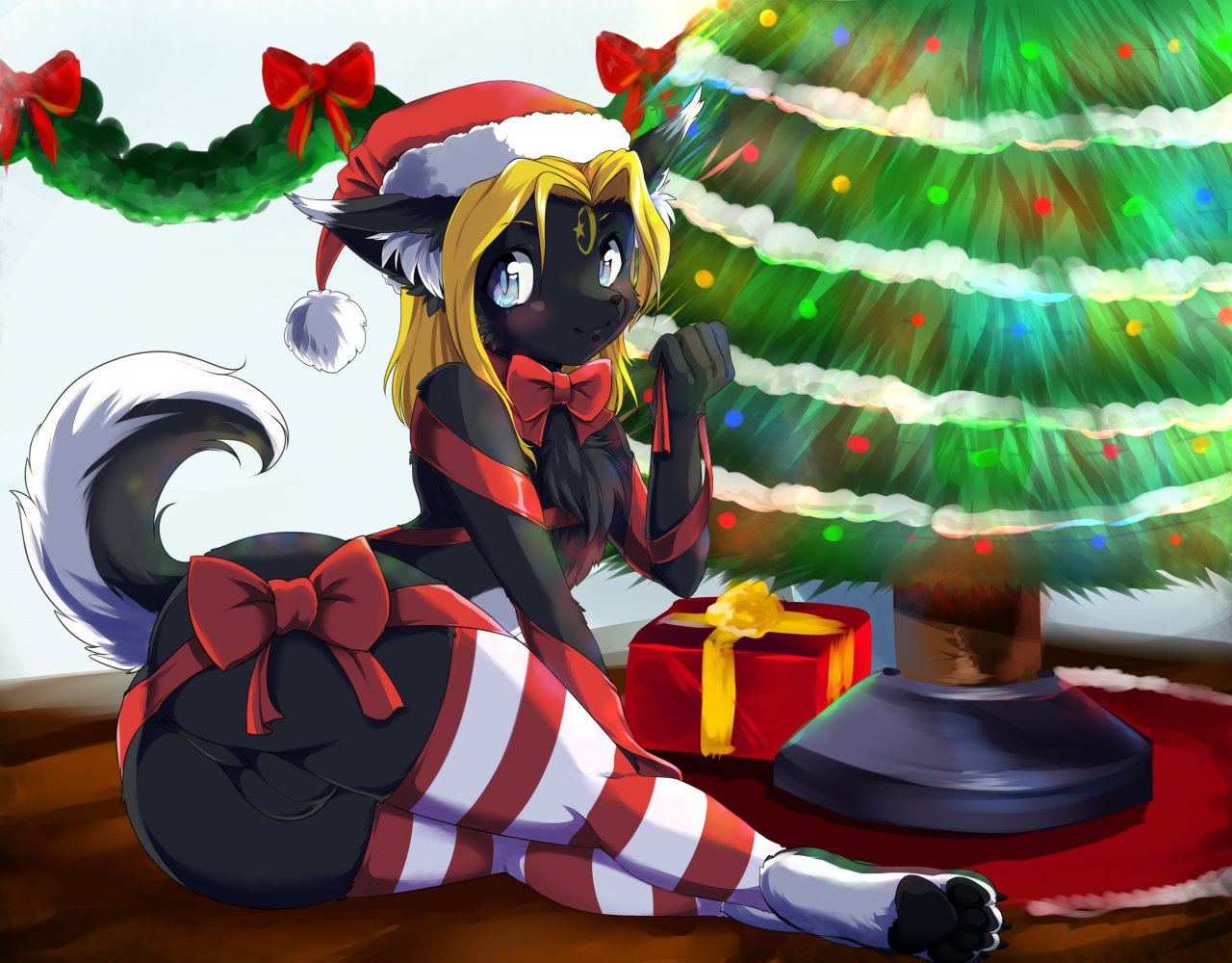 1girl 2013 anthro anus ass big_ass big_eyes blue_eyes blush body_markings bow_tie canine chest_tuft christmas christmas_tree cute fur furry gift gift_wrapped girly hair hat headgear hindpaw holidays looking_at_viewer looking_back lying male mammal markings on_side pawpads paws santa_hat slyspirit smile solo stockings striped_stockings tail teasing testicles thick_thighs tree tuft white-castle wolf