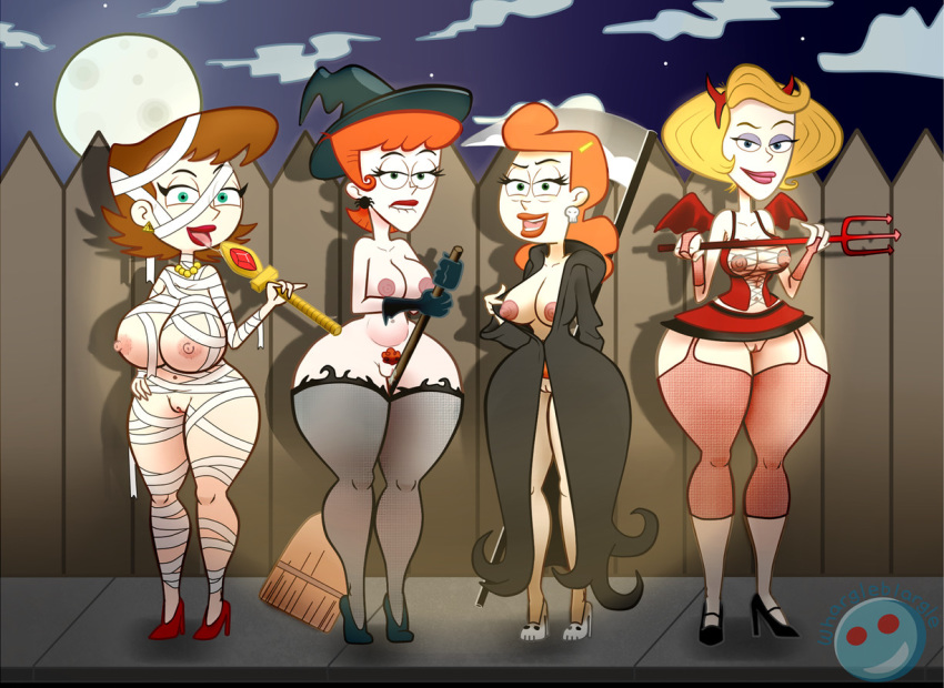 1girl 4girls areola beverly_binford big_breasts biting_lip blonde_hair breasts breasts_out brown_hair cyan_eyes dexter's_laboratory dexter's_mom family_dog fat_mons female_only gladys green_eyes halloween high_heels high_heels hips huge_breasts human johnny_test large_nipples licking_lips lila_test looking_at_viewer milf multiple_females nipples orange_hair perky_breasts pubic_hair stockings the_grim_adventures_of_billy_and_mandy thick_thighs thighs whargleblargle wide_hips