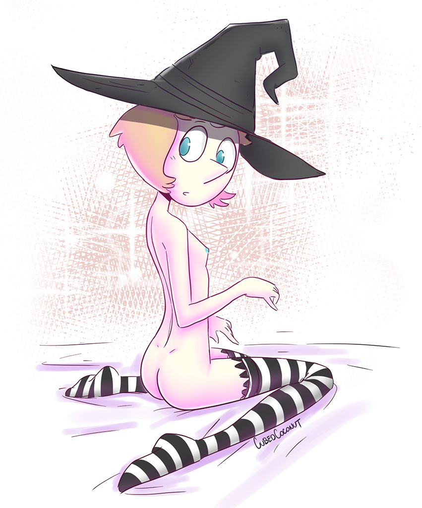 1girl alien ass hair halloween hat headgear nude pearl short_hair steven_universe stockings striped witch_hat