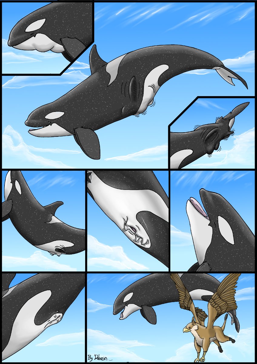 ! 2010 ? avian blue_eyes cetacean closed_eyes cloud comic detailed_background dolorcin duo feathers feral flying full_tour genital_slit gryphon marine mountain open_mouth orca pussy sky tongue tongue_out vore whale wings