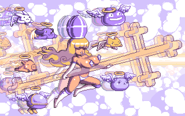 1girl animals big_breasts blonde_hair boots bouncing_breasts breasts christianity color cross flying full_body gif hair huge_breasts human light_skin long_hair panties paul_robertson pixel_art religion