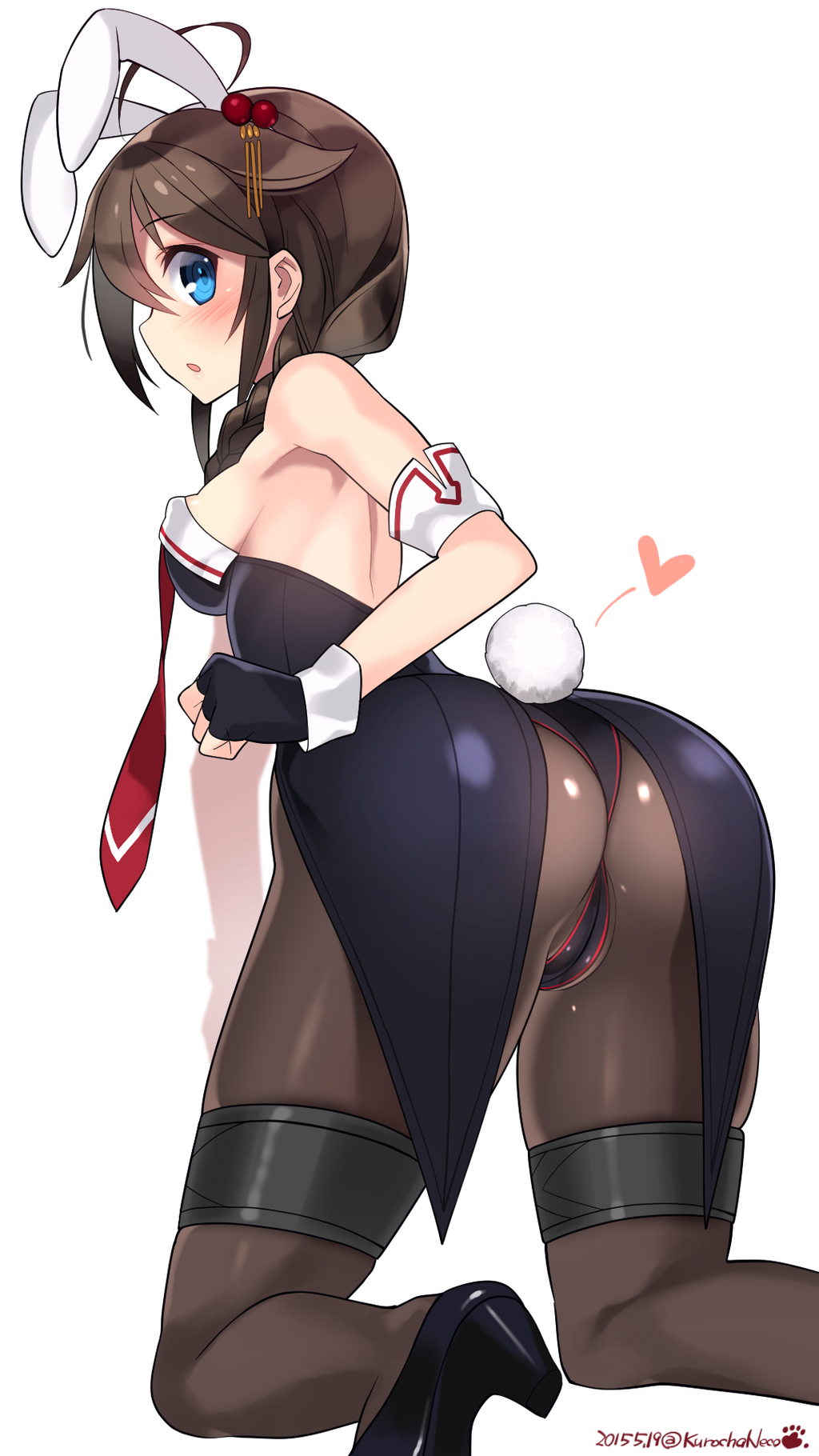 1girl 1girl 2015 :o adapted_costume ahoge animal_ears areola areola_slip ass black_gloves blue_eyes blush braid brown_hair brown_legwear bunny_ears bunny_tail bunnysuit dat_ass dated erect_nipples fake_animal_ears fingerless_gloves from_behind gloves hair hair_flaps hair_ornament hairband heart high_heels high_res kantai_collection kneel kuro_chairo_no_neko looking_at_viewer open_mouth pantyhose paw_print remodel_(kantai_collection) shigure_(kantai_collection) sideways_mouth simple_background single_braid skindentation tail thigh_strap twitter_username white_background