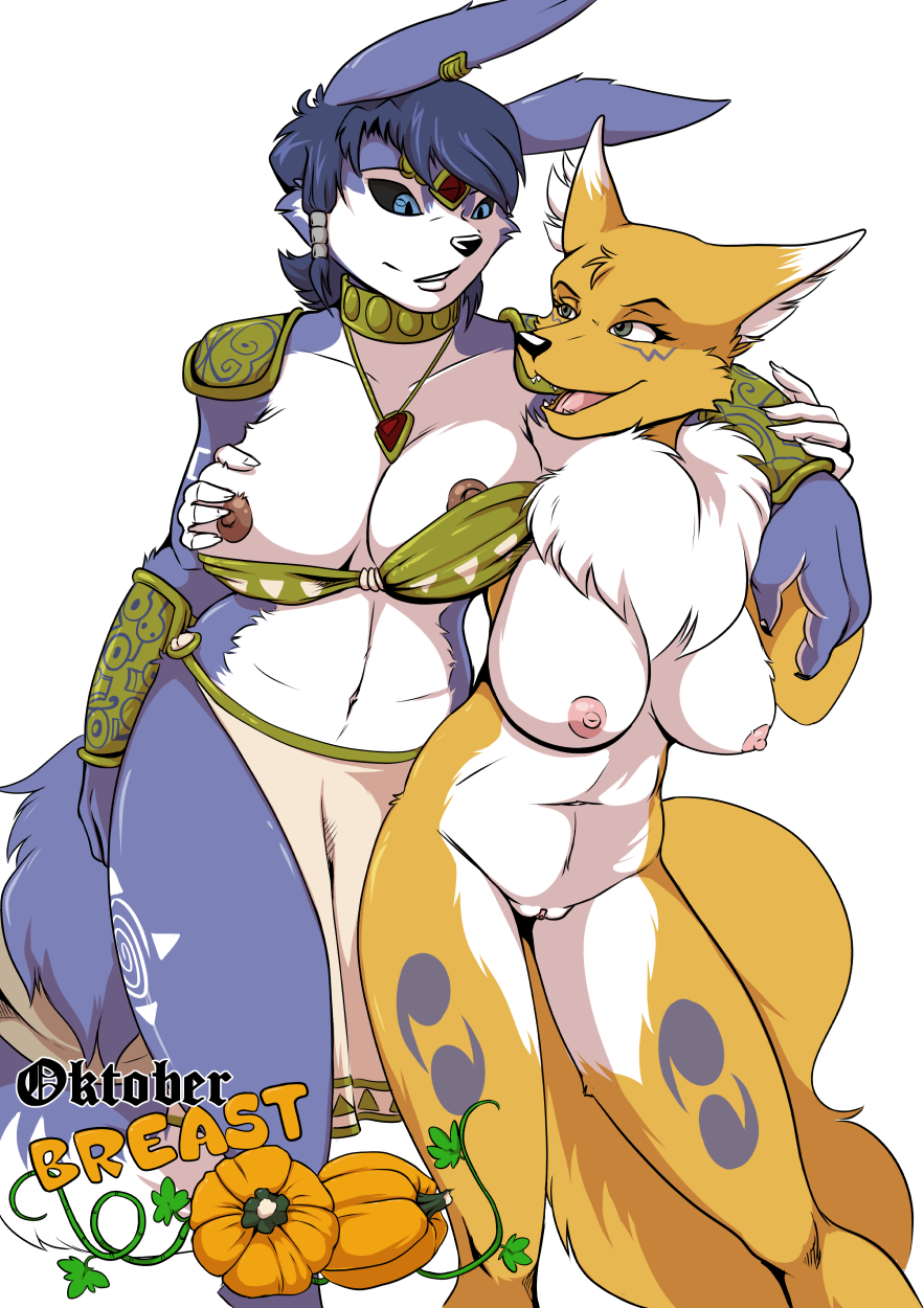 1girl 2016 alpha_channel anthro areola big_breasts breast_grab breasts canine crossover digimon duo erect_nipples fox furry halloween hand_on_breast holidays krystal mammal nintendo nipples nude pussy renamon smile star_fox video_games yawg