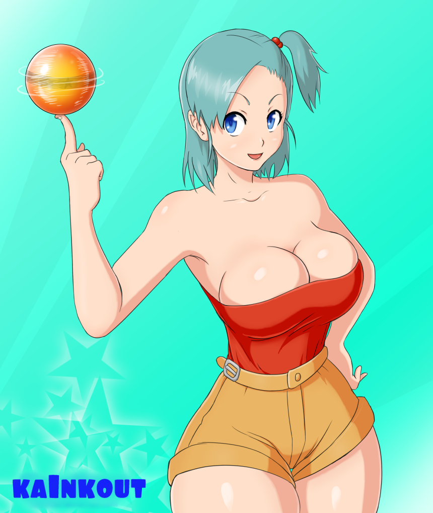 1girl aqua_background aqua_hair arm arms art babe ball bare_arms bare_legs bare_shoulders big_breasts blue_eyes breasts bulma bulma* bulma_brief cleavage deviantart dragon_ball dragon_ball_(object) hair_bobbles hand_on_hip kainkout legs looking_at_viewer neck open_mouth short_hair shorts side_ponytail smile standing star strapless tubetop