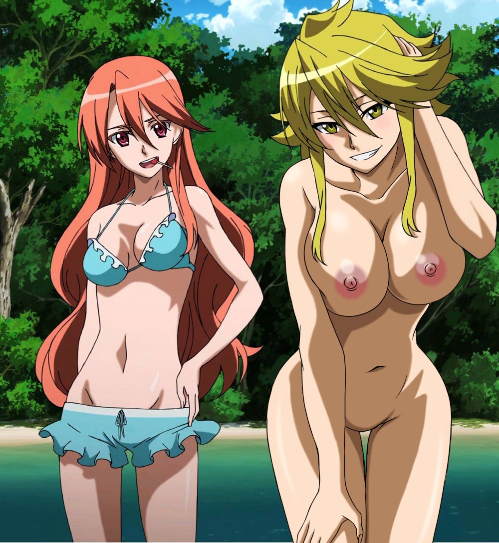 2_girls akame_ga_kill! alluring big_breasts blonde blush breasts brown_hair candy cfnf chelsea_(akame_ga_kill!) cleavage clothed_female_nude_female embarrassed hand_on_hip large_nipples leone leone_(akame_ga_kill!) lollipop long_hair looking_at_viewer multiple_girls navel nipples nude_filter open_mouth photoshop red_eyes screen_capture sexy_pose small_breasts smile standing stitched thighs uncensored yellow_eyes