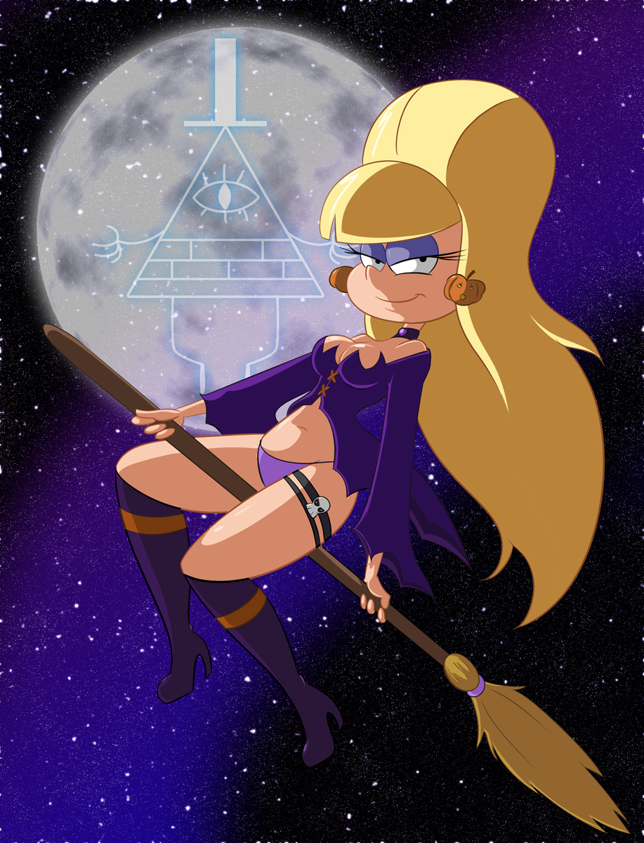 big_breasts bill_cipher breasts broom cleavage cosplay gravity_falls halloween jack-o'-lantern monkeycheese moon pacifica_northwest witch