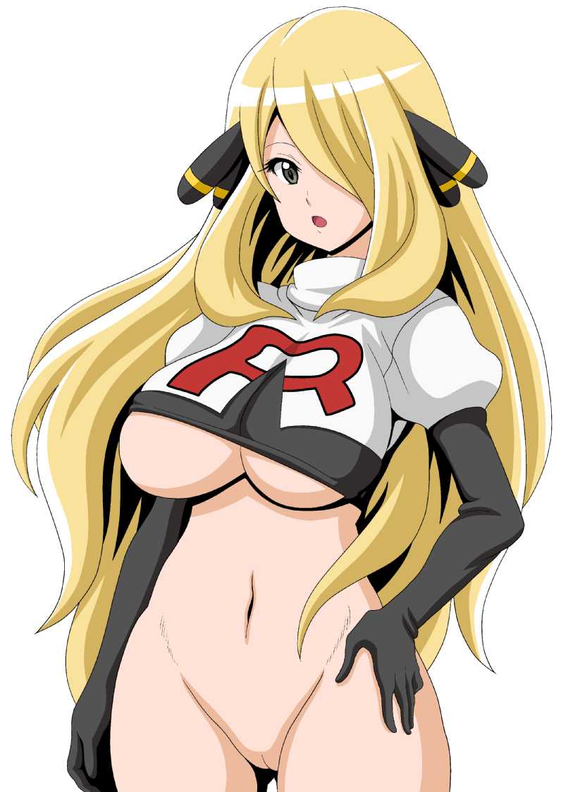 1girl blonde_hair bottomless breasts colored cosplay cynthia female gloves hair_over_one_eye koutarosu large_breasts long_hair mound_of_venus navel open_mouth pokemon pokemon_(game) pokemon_dppt pussy shaved_pussy shirona_(pokemon) solo team_rocket team_rocket_(cosplay) uncensored underboob