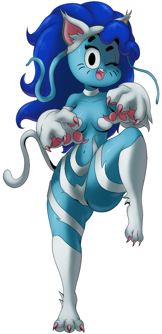 1girl 1girl 3_toes 4_fingers anthro blue_fur blue_hair breasts cameltoe cartoon_network cat claws cosplay darkstalkers felicia_(darkstalkers) feline fur furry hair mammal mature_female milf navel nicole_watterson one_eye_closed open_mouth parent pink_nose small_breasts the_amazing_world_of_gumball toes tongue video_games wani-ramirez whiskers wink