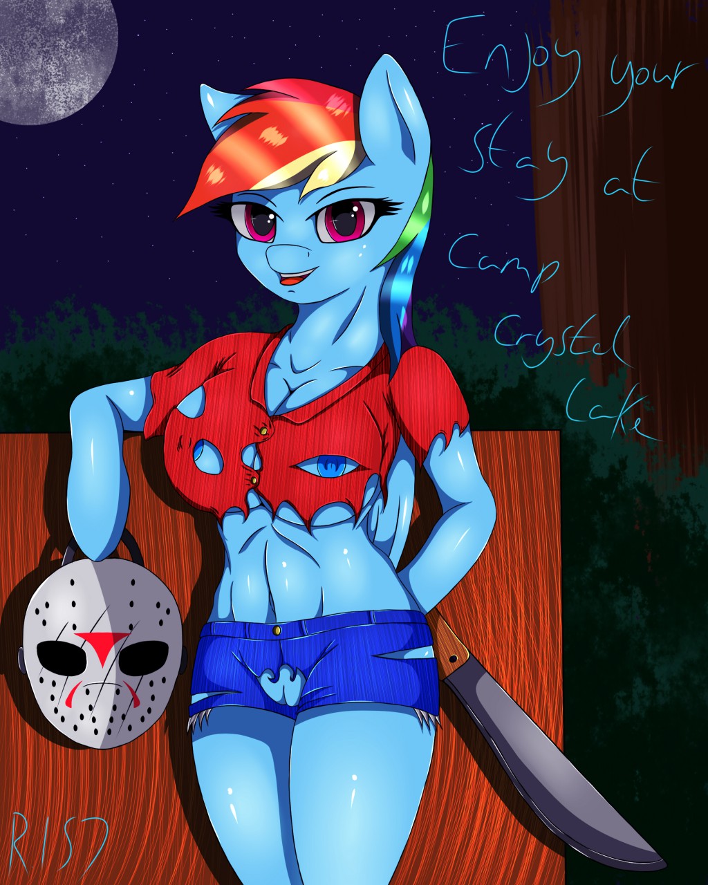 1girl 2016 anthro anthrofied big_breasts breasts cleavage clothed clothing dialogue equine fence friendship_is_magic furry hair halloween hand_behind_back high_res hockey_mask holding_object holidays looking_at_viewer machete mammal melee_weapon moon multicolored_hair my_little_pony navel night nipples outside pegasus portrait purple_eyes pussy rainbow_dash rainbow_hair renegade-157 shorts skimpy text three-quarter_portrait torn_clothing weapon wings