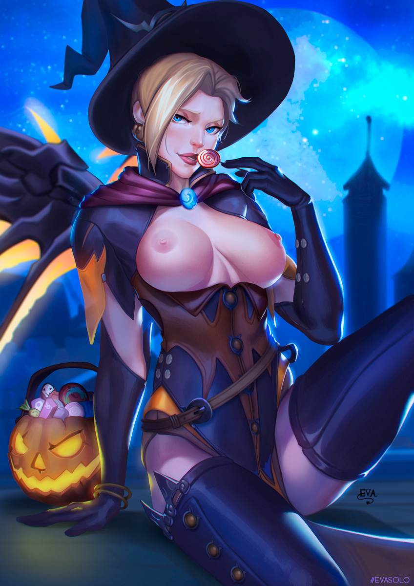 1girl 3d 3d_(artwork) alternate_costume arm_support big_breasts blizzard_entertainment blonde_hair blue_eyes bracelet breasts breasts_out candy earrings eva_solo evasolo female_only food gloves halloween hat highres jack-o'-lantern jack-o'-lantern_earrings jewelry lollipop looking_at_viewer mechanical_wings mercy_(overwatch) moon night night_sky nipples overwatch parted_lips sitting sky smile solo star_(sky) starry_sky wings witch witch_hat witch_mercy_(overwatch)