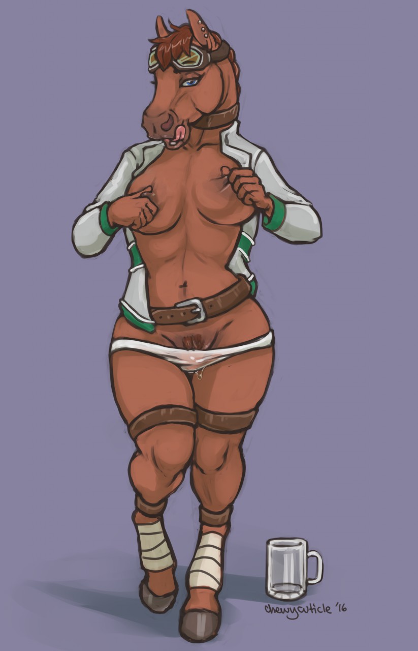 1_anthro 1_female 1_girl 2016 anthro anthro_only belt big_breasts blue_eyes bottomless breasts brown_fur chewycuticle clothed clothing colored_sketch ear_piercing equine exposed_breasts eyewear female female_anthro female_only fur furry ginger goggles hooves horse leg_wraps licking licking_lips looking_at_viewer mammal nipple_pinch nipples no_bra open_jacket panties partially_clothed piercing pinch pubic_hair pussy_hair pussy_juice signature simple_background solo standing teasing tongue tongue_out underwear wet_panties wraps