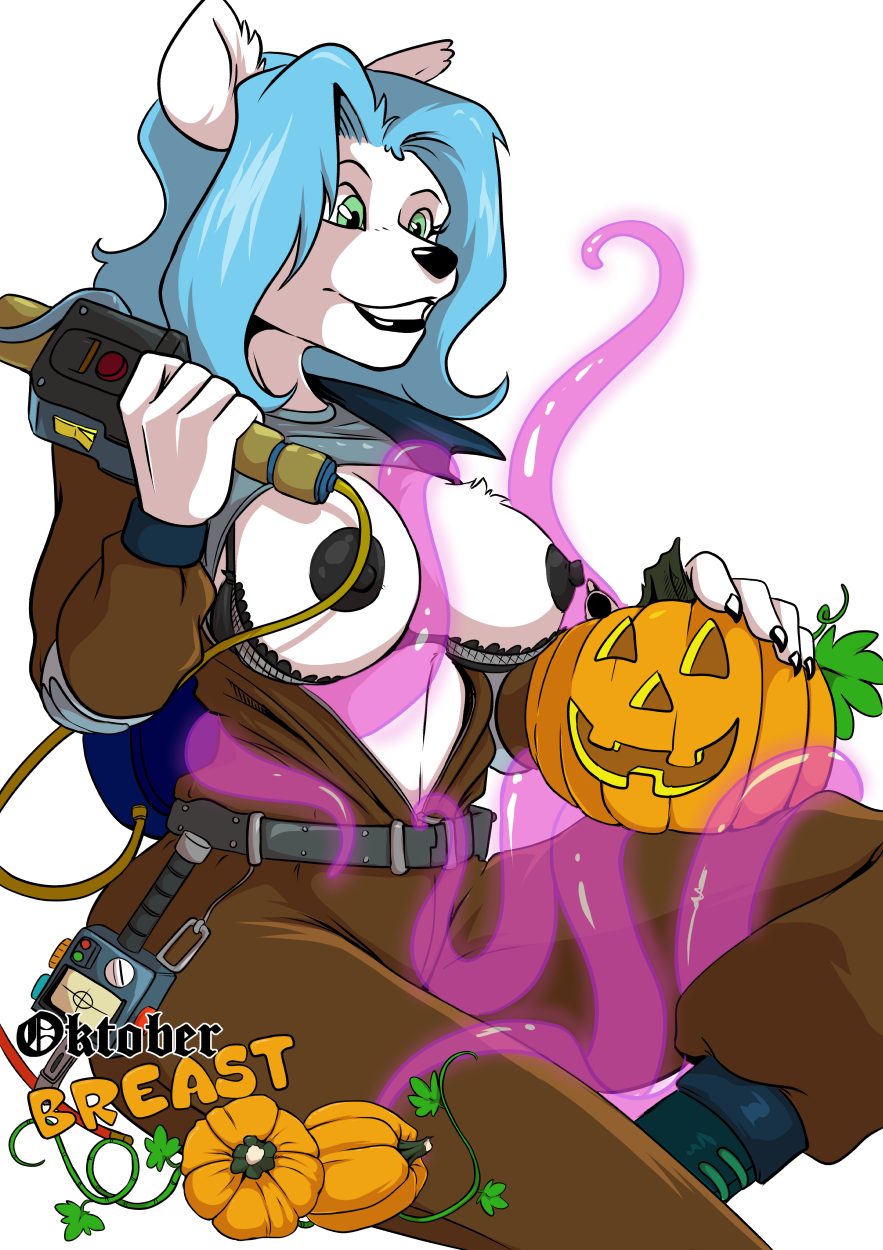 1girl 1girl 2016 alpha_channel anthro big_breasts blue_hair breasts canine consentacles erect_nipples fur furry ghostbusters green_eyes hair halloween holidays mammal nipples tentacle white_fur yawg