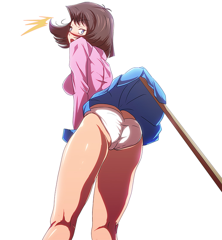 1girl ass assisted_exposure big_breasts blue_eyes blush breasts brown_hair butt_crack embarrassed from_behind from_below looking_back mazaki_anzu open_mouth panties pleated_skirt school_uniform sexy_ass shiny shiny_skin short_hair simple_background skirt skirt_lift stick surprised tea_gardner underwear upskirt white_background white_panties yu-gi-oh! yuu-gi-ou_duel_monsters