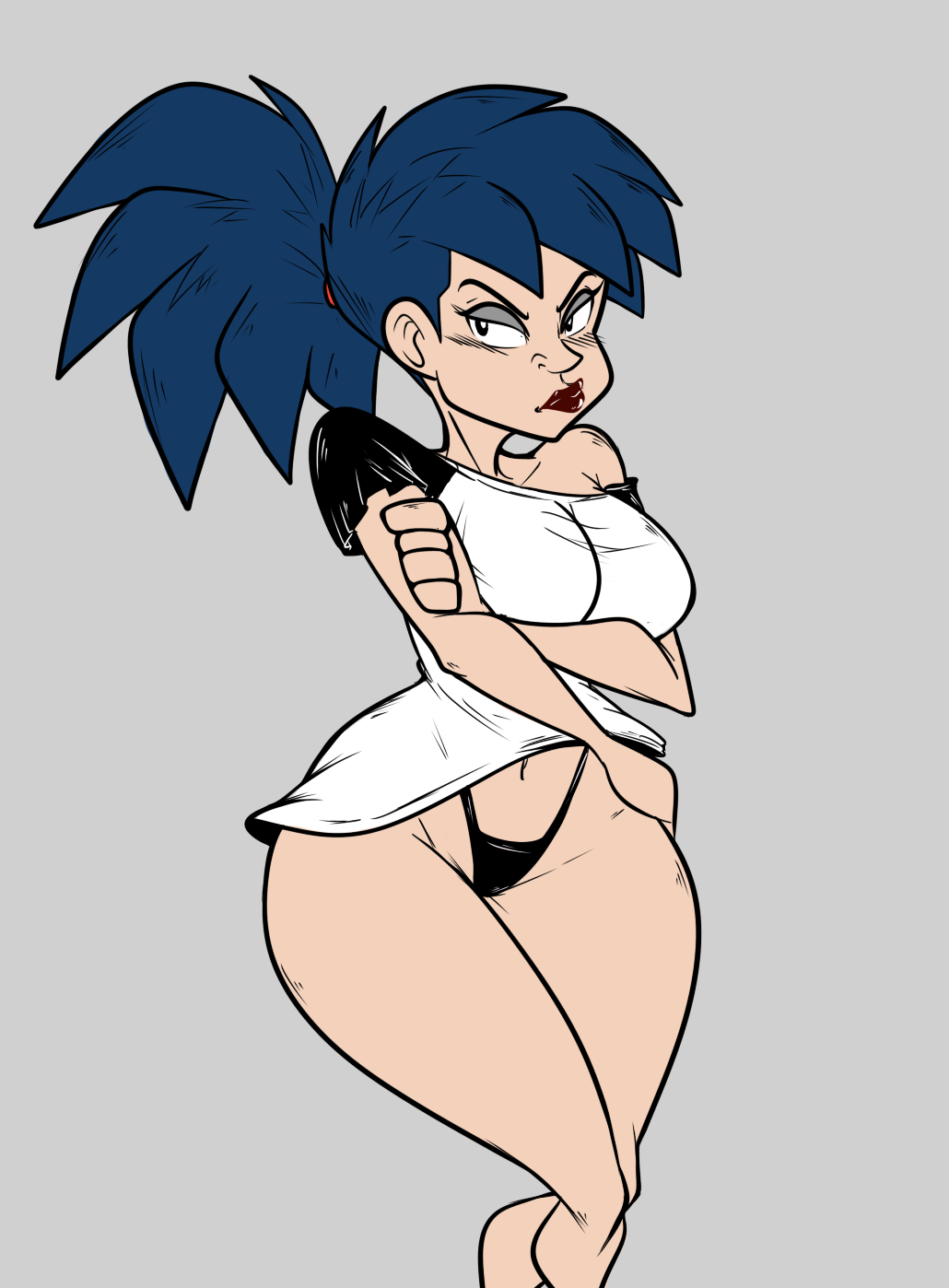 big_breasts black_eyes black_panties blue_hair breasts extreme_ghostbusters female ghostbusters goth kylie_griffin lipstick panties ponytail red_lipstick solo thong