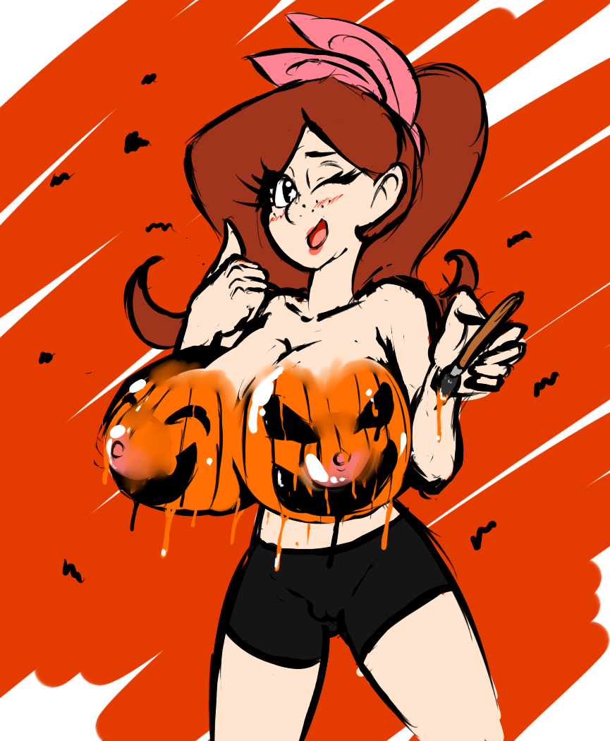 1girl big_breasts bodypaint breasts halloween huge_breasts jack-o'-lantern nipples paint pumpkin_breasts shiny shiny_skin topless wink