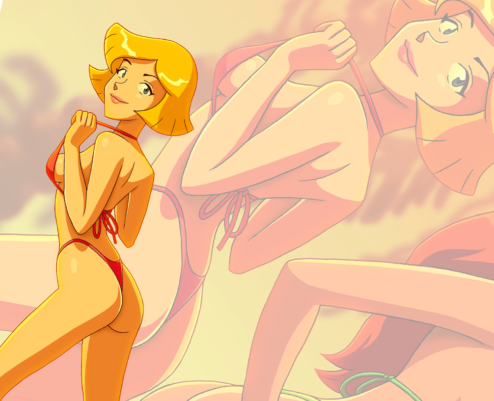 1girl ass bikini blonde blonde_hair blowup_background clover_(totally_spies) drew_gardner_(artist) female female_human female_only human looking_at_viewer mostly_nude short_blonde_hair short_hair sideboob solo thong totally_spies zoom_layer