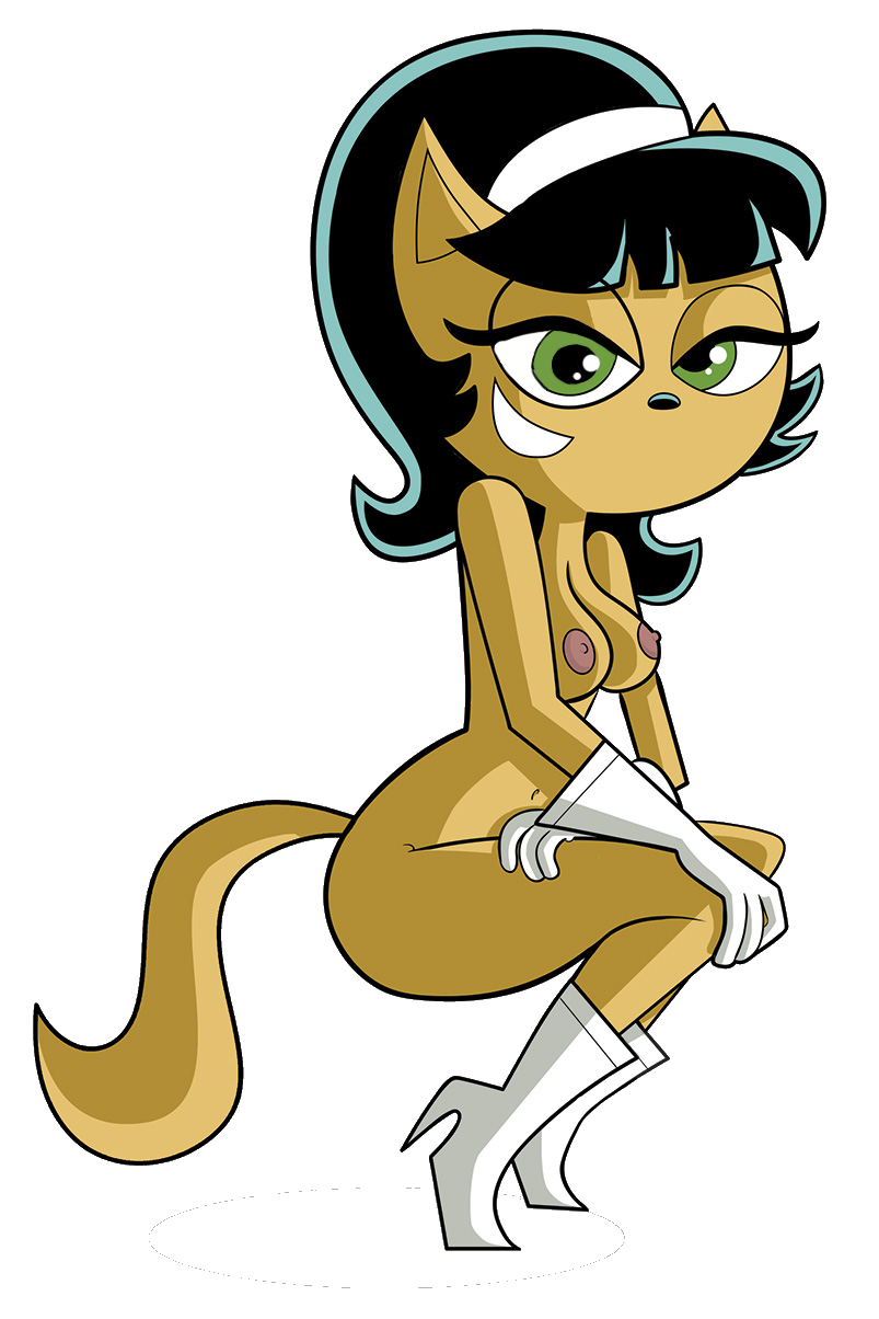 1girl anthro black_hair boots breasts brown_fur cat female_only gloves green_eyes hairband hand_on_knee kitty_katswell looking_at_viewer nipples nude sitting smile t.u.f.f._puppy tail transparent_background