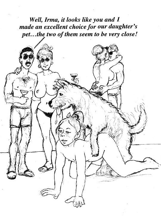 2_boys 2_males 3_females 3_girls alcohol all_fours beastiality big_breasts black_hair breasts daughter dog english_text father female female/feral female_human/male_feral feral flat_chested from_behind fur hair human human/feral human/human male male/female male_dog monochrome mostly_nude mother motion_lines multiple_boys multiple_girls nipples nude panties public randy_dave sex short_hair standing text topless