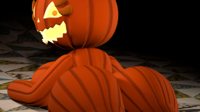 1girl 1girl ass bed female_only five_nights_at_freddy's from_behind jack_o_pumpkin_(fnaf) laying_down looking_back nude pumpkin pumpkin_girl pumpkin_head
