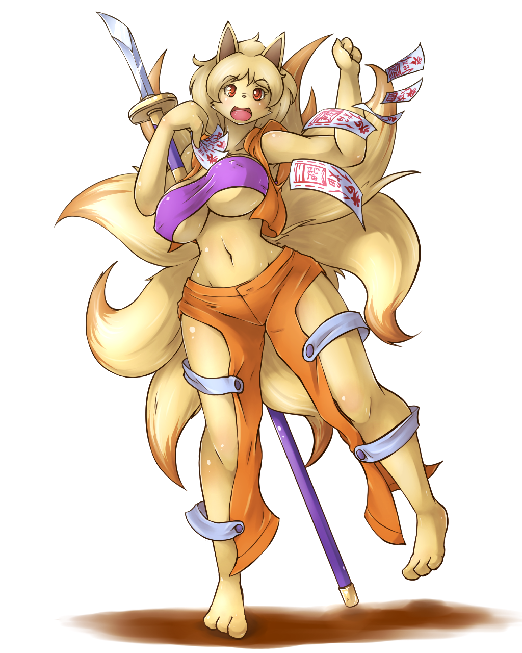 1girl anthro anthrofied armpits big_breasts breasts canine clothed clothing day-t fox fur furry hair long_hair mammal melee_weapon multi_tail ninetales nintendo open_mouth pokemon pokemorph simple_background video_games weapon