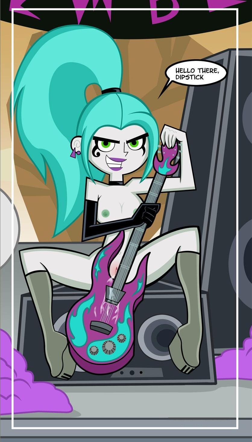 amp boots breasts choker danny_phantom elbow_glove ember_mclain ghost guitar levelord lltoon looking_at_viewer nude pussy pussy_juice speaker spread_legs