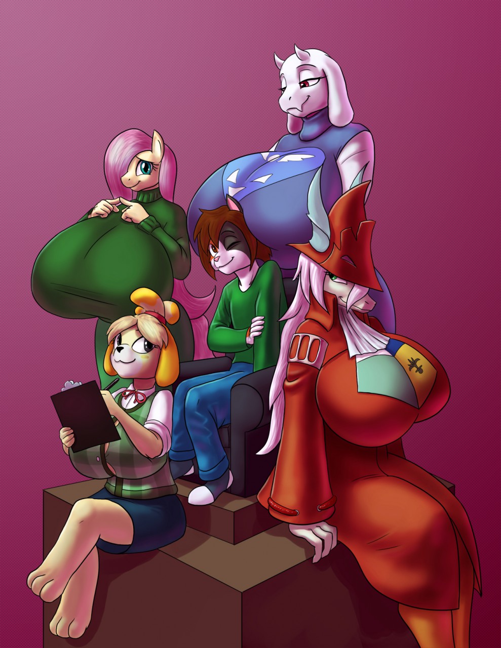1girl animal_crossing anthro big_breasts breasts canine caprine clock-face clothed clothing crossover dragon equine feline final_fantasy final_fantasy_ix fluttershy_(mlp) freya_crescent friendship_is_magic furry goat group horse huge_breasts hybrid hyper hyper_breasts isabelle_(animal_crossing) male mammal my_little_pony nintendo pony sitting smile square_enix standing toriel undertale video_games