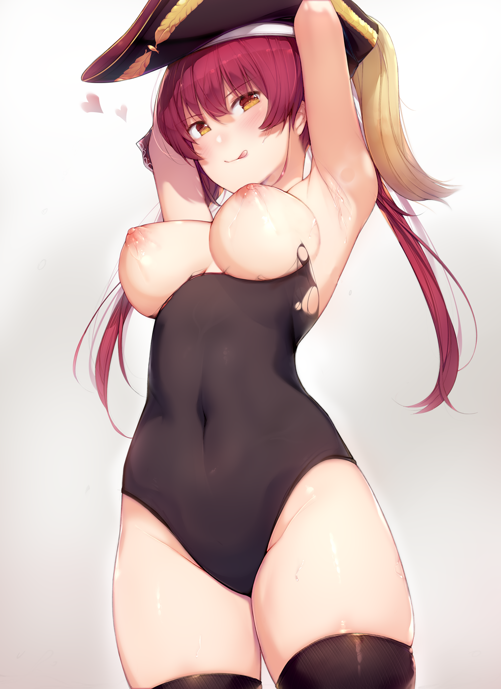 1girl :q armpits arms_up artist_name bangs black_headwear black_legwear black_leotard breasts closed_mouth clothing covered_navel cowboy_shot eyebrows_visible_through_hair hat headwear heart high_resolution hololive houshou_marine kimoshi legwear leotard long_hair looking_at_viewer medium_breasts nipples orange_eyes pirate_hat red_hair simple_background smile stockings thighs tied_hair tongue tongue_out torn_clothes torn_leotard twin_tails under_boob virtual_youtuber white_background