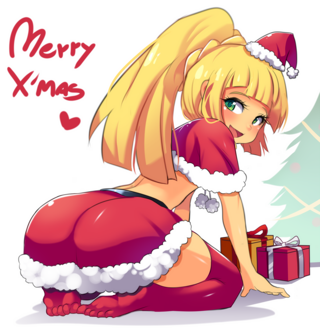 1girl :d all_fours alternate_hair_style alternate_hairstyle ass bangs blonde_hair blunt_bangs blush braid capelet christmas christmas_tree feet french_braid from_behind full_body fur_trim gift green_eyes hat heart high_ponytail hinghoi lillie lillie_(pokemon) long_hair looking_back merry_christmas mini_hat miniskirt open_mouth pokemon pokemon_sm red_hat red_legwear red_skirt santa_costume santa_hat shiny shiny_clothes simple_background sitting skirt smile solo thighhighs toes tongue tree wariza white_background