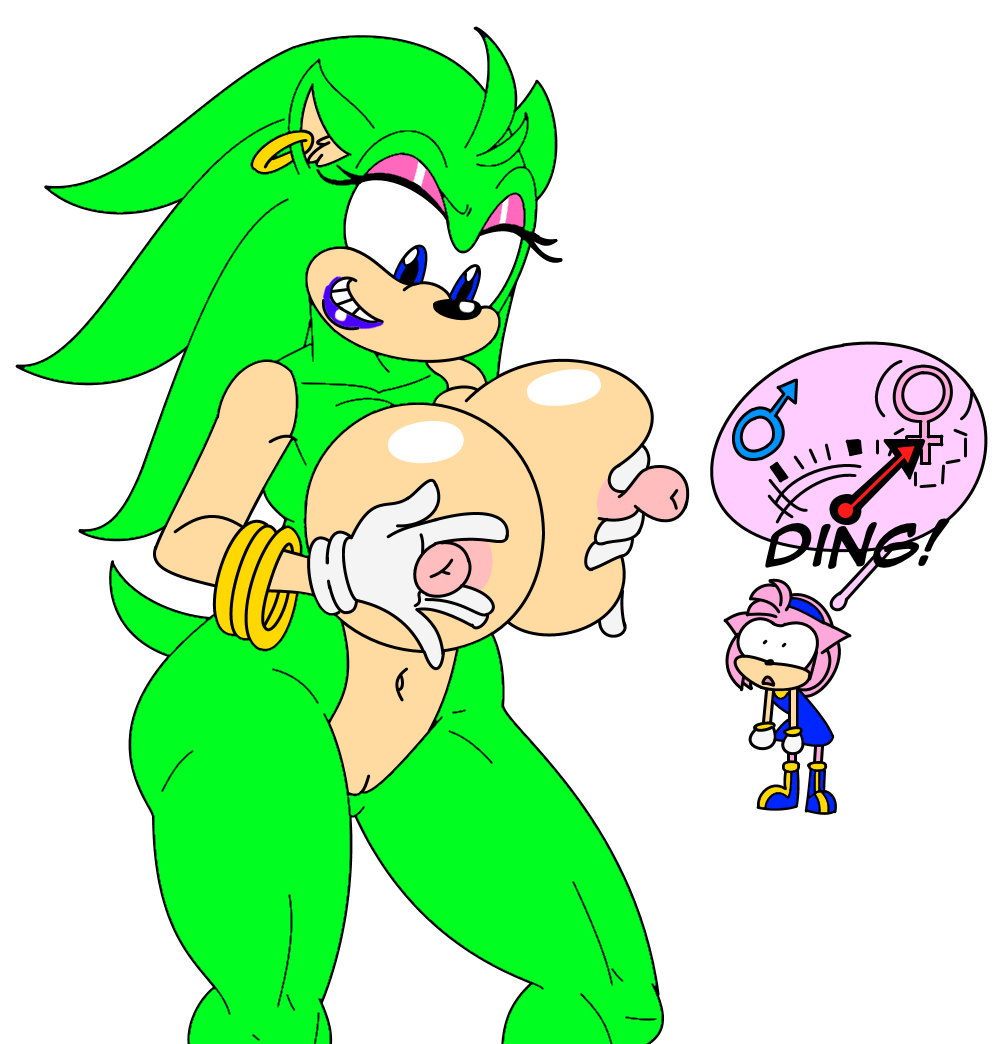 1girl amy_rose anthro areola big_breasts blue_eyes boots bracelet breast_grab breast_squeeze breasts clothing crossgender daredemon7000 dress duo erect_nipples footwear fur green_body hand_on_breast hedgehog jewelry mammal navel nipples nude pink_fur possible_bimbo pussy scourge_the_hedgehog sega smile white_background