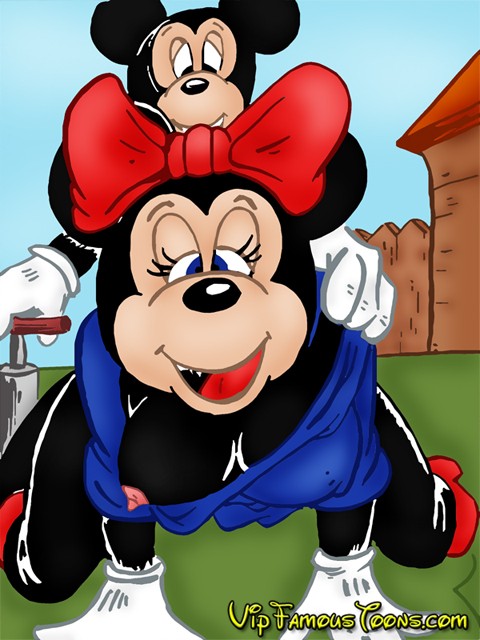 black_fur blue_eyes cross-eyed cross_eyed crossed_eyes disney doggy_position eyelashes from_behind gloves high_heels mickey_mouse minnie_mouse mouse outdoors vipfamoustoons.com
