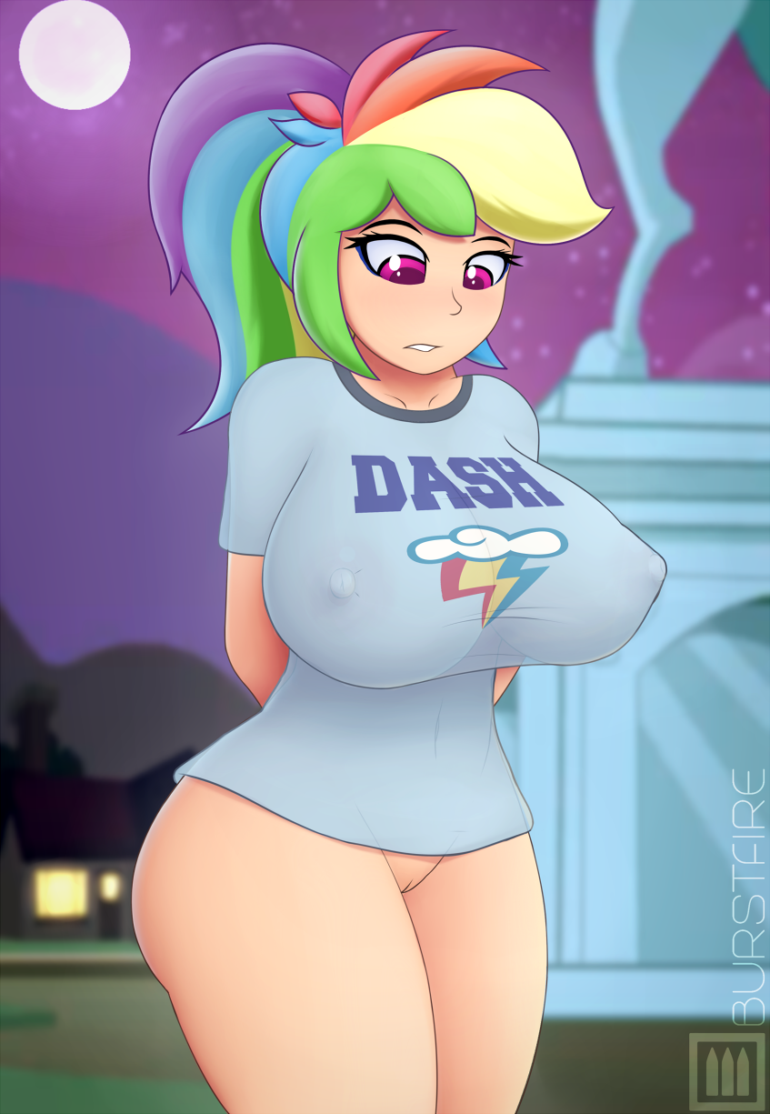 big_breasts bottomless breasts burstfire equestria_girls female friendship_games friendship_is_magic hands_behind_back humanized large_breasts my_little_pony nipples nipples_through_clothes pussy rainbow_dash solo t-shirt