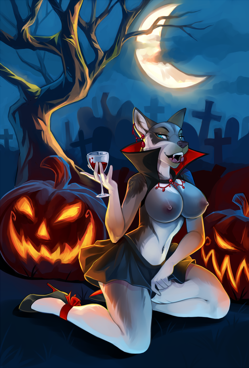 1girl 2016 anthro big_breasts blood breasts canine cape cemetery clothed clothing collar demicoeur food fruit furry glass halloween holidays kneel mammal moon night nipples outside pumpkin runa_(theredhare) skirt tombstone topless tree vampire