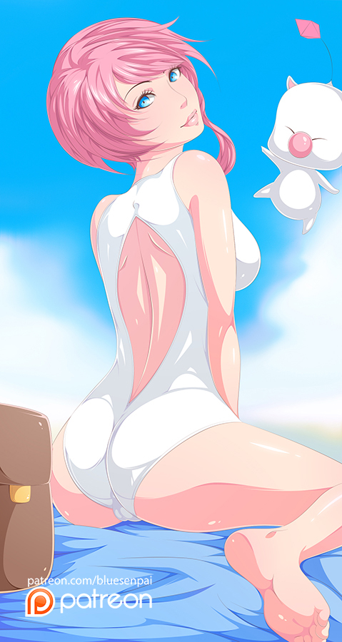 ass barefeet big_ass big_breasts blue-senpai blue_eyes breasts cameltoe deviantart feet female female_only final_fantasy final_fantasy_xiii looking_at_viewer looking_back one-piece_swimsuit patreon pink_hair ponytail serah_farron smile soles solo swimsuit toes