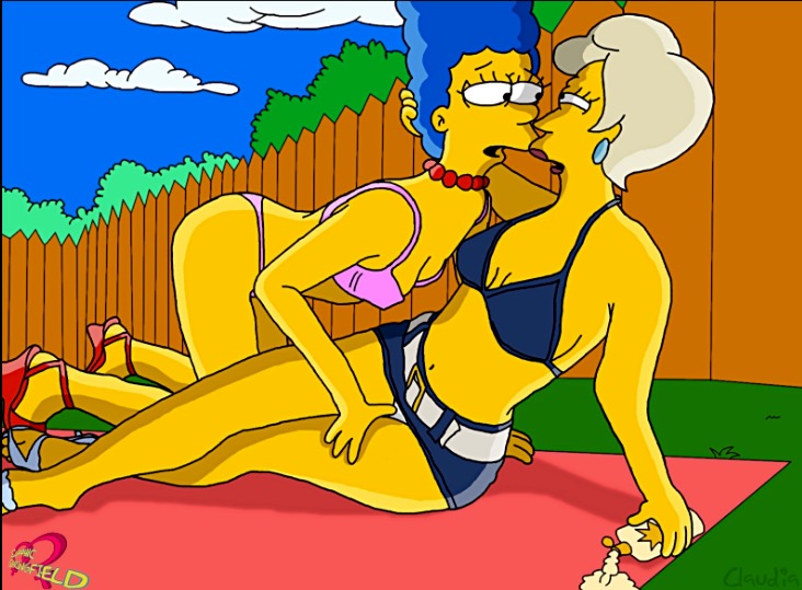 2_girls affair bikini bikini_top blue_hair cheating cheating_wife cleavage earrings female female_human female_only high_heels kissing legs lesbian_kiss lindsey_naegle lotion love marge_simpson milf necklace on_knees outside sandals sexy short_shorts sitting the_simpsons thighs touching white_hair yellow_skin yuri