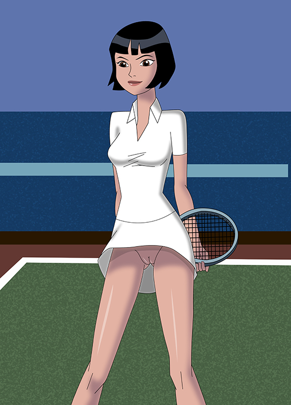 1girl ben_10 black_hair bobsan brunette clothed female female_human female_only hairless_pussy human julie_yamamoto mostly_clothed no_panties pussy short_black_hair short_hair skirt skirt_lift solo standing tennis_court tennis_dress tennis_outfit tennis_racket tennis_skirt tennis_uniform thigh_gap white_outfit white_skirt