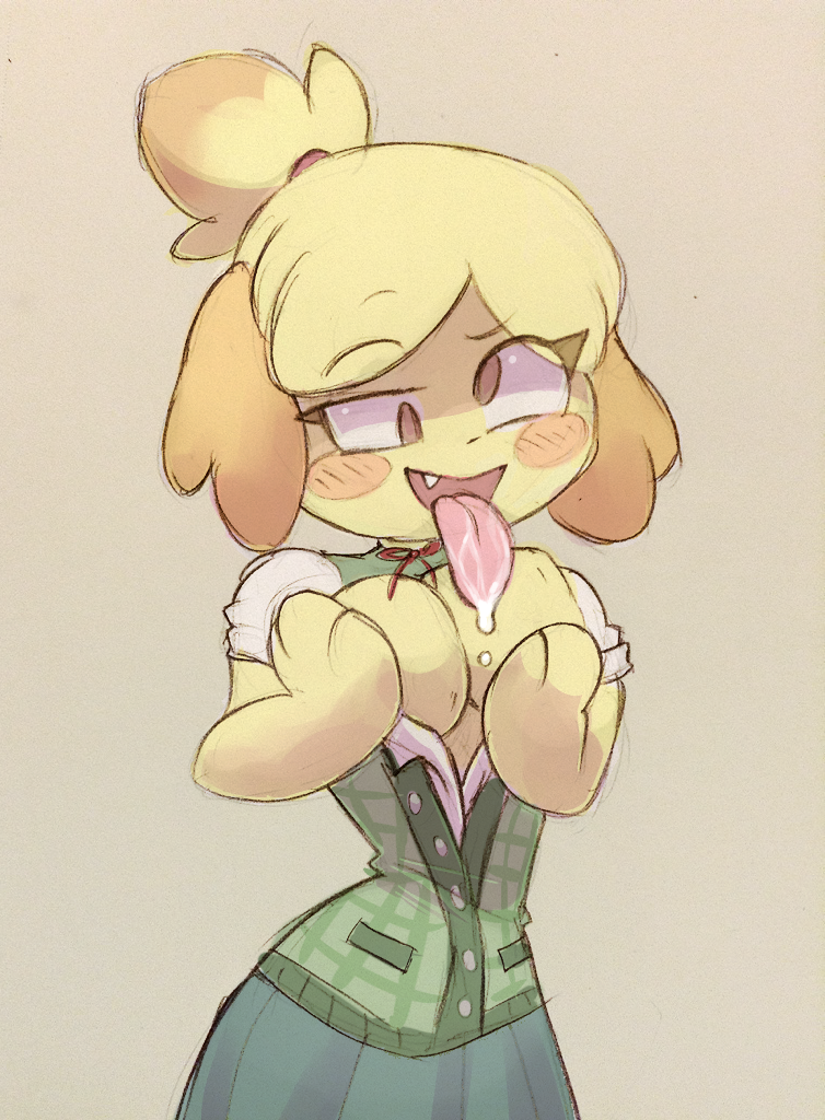 animal_crossing anthro big_breasts blonde_hair blush brain_drain breasts cleavage dazed dog_girl eye_roll female_only furry hair isabelle_(animal_crossing) napdust open_mouth paws saliva tongue tongue_out topless