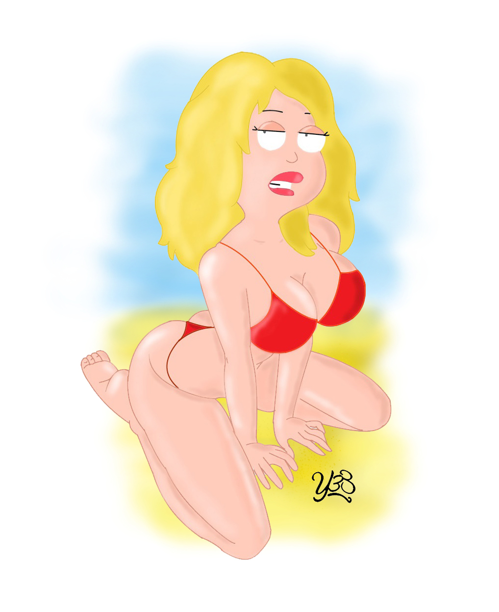 american_dad beach big_breasts bikini blonde_hair breasts francine_smith yaroze33_(artist)