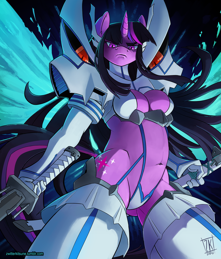 1girl 2016 anthro anthrofied black_background blue_background breasts cleavage clothed clothing crossover cutie_mark dual_wielding english_text equine friendship_is_magic frown fur furry hair holding_object holding_weapon horn junketsu kill_la_kill legwear long_hair looking_at_viewer looking_down low-angle_view mammal melee_weapon multicolored_hair my_little_pony navel purple_eyes purple_fur purple_skin signature simple_background skimpy sword text twilight_sparkle unicorn weapon zwitterkitsune