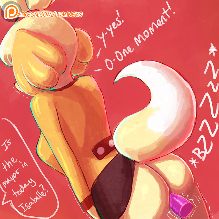 1girl 2016 ambiguous_penetration animal_crossing anthro ass bottomless canine clothed clothing dialogue furry isabelle_(animal_crossing) lumineko mammal masturbation nintendo penetration raised_tail sex_toy text vibrator video_games