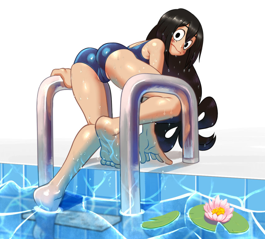 1girl 3: ass asui_tsuyu barefoot black_eyes black_hair blue_swimsuit boku_no_hero_academia cameltoe feet flower lily_pad long_hair lotus my_hero_academia noill one-piece_swimsuit partially_visible_vulva pool soles swimsuit toes tsuyu_asui