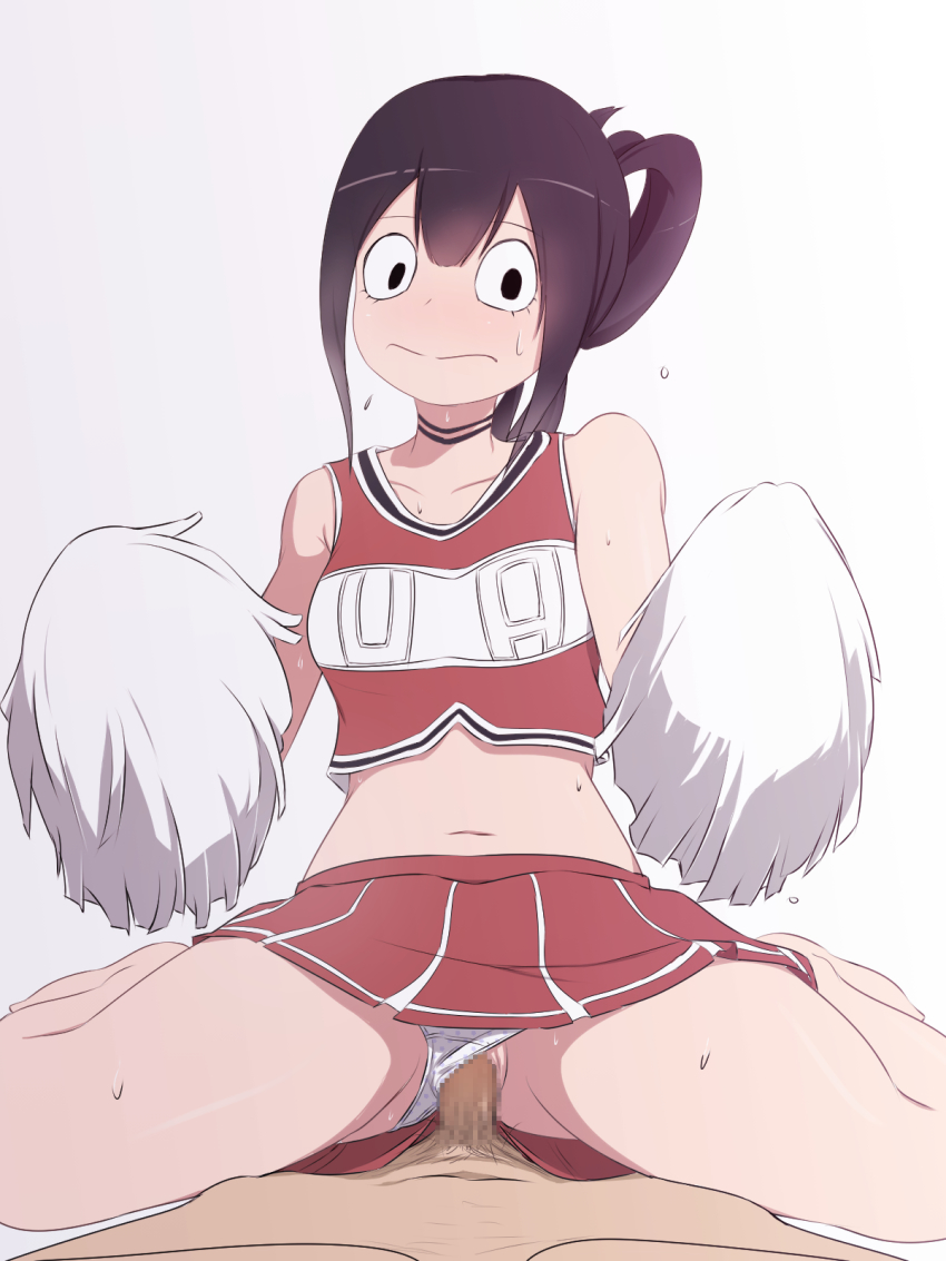 1girl asui_tsuyu blush boku_no_hero_academia breasts censored cheerleader clothes_writing cosplay cowgirl_position crop_top crop_top_overhang cum cum_in_pussy girl_on_top gradient gradient_background hetero high_res long_hair lustoid_(pixiv) midriff my_hero_academia navel panties panties_aside penis pom_poms pussy sex solo_focus straddling sweat tsuyu_asui underwear vaginal